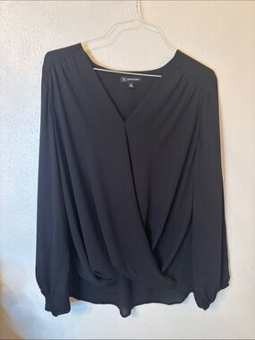 INC International Concepts Black V-Neck Draped Blouse